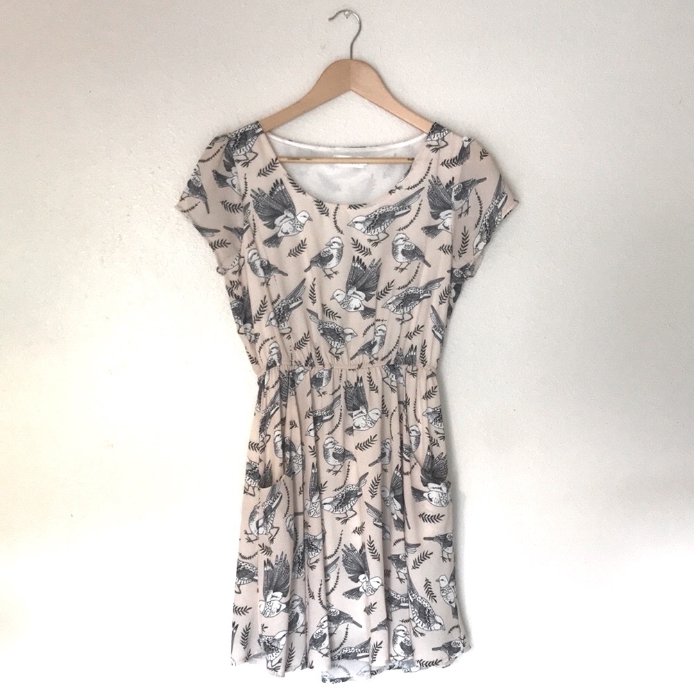 Cream & Navy Bird Floral Botanical Print Midi Dress - S